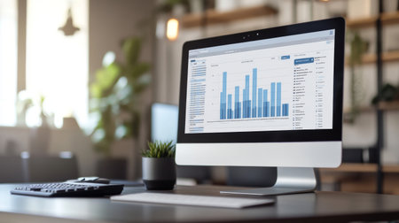 A close-up of a financial bar chart on a computer screen, showing detailed columns with varying heights and labeled data, set in a modern office environment.の素材