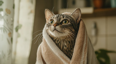 A charming image of a cat wrapped in a towel after its bath, looking cozy and content, with its wet fur being gently dried in a homey, relaxed environment.の素材