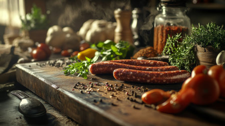 A detailed image of raw sausages on a butchers block, with visible seasoning and spices, ready to be cooked, surrounded by fresh ingredients.の素材