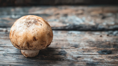 A close-up image of a freshly harvested truffle mushroom with its rough, earthy exterior prominently displayed on a rustic wooden surface.の素材