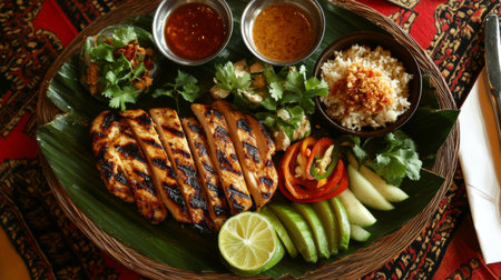 An overhead shot of a meal featuring  with various Thai dishes, such as grilled chicken, vegetables, and dipping sauces, arranged on a vibrant dining table.の素材