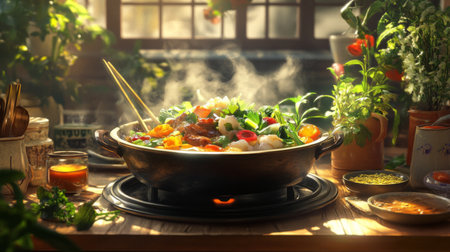 A steaming hot pot filled with vibrant vegetables, seafood, and meat, placed on a table surrounded by dipping sauces, fresh herbs, and chopsticks.の素材