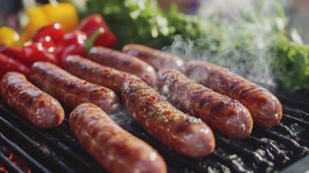A detailed view of sausages being prepared for a barbecue, with close-up shots of the raw links, seasoning, and a background of fresh vegetables.の素材