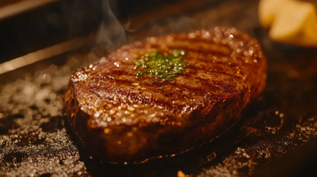 A close-up of a juicy steak on a sizzling hot grill, with beautiful grill marks and a hint of smoky char, ready to be served with a side of herbs and spices.の素材