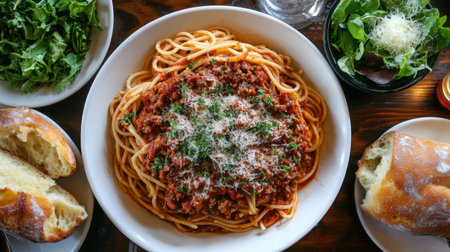 An overhead view of a casual Italian meal featuring a large serving of spaghetti with a classic meat sauce, accompanied by a side of green salad and crusty bread.の素材
