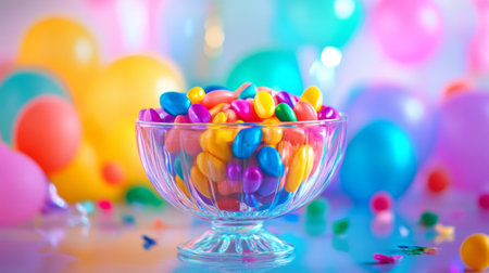 A vibrant image of a glass bowl filled with a rainbow of , placed on a table with party decorations, capturing the joyful and festive atmosphere.の素材