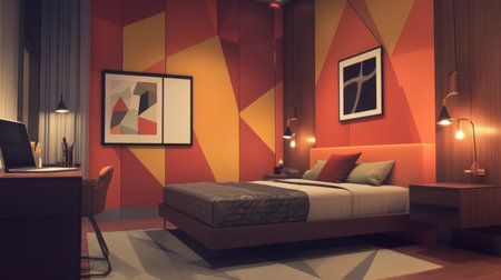 A contemporary bedroom with a clean, modern aesthetic, featuring a floating bed, geometric patterns on the walls, and a sleek desk with a laptop and desk lamp.の素材