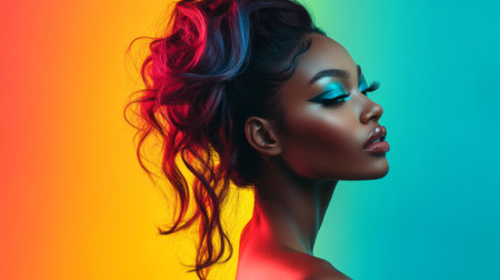 A vibrant shot of a woman with a half-up, half-down hairstyle, featuring smooth, straight sections combined with voluminous curls or waves.の素材