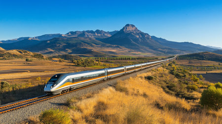A sleek high-speed train speeding through a rural landscape, with mountains in the background and clear blue skies above.の素材