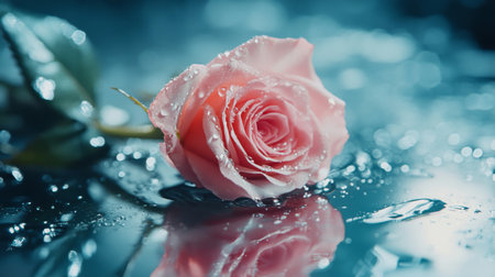 A romantic composition of a single pink rose placed on a glass surface, the water droplets on the petals mirrored by tiny reflections on the glass.の素材
