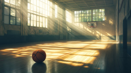 A basketball resting on the hardwood floor of an empty gym, with sunlight streaming through the windows, creating a serene and nostalgic atmosphere.の素材