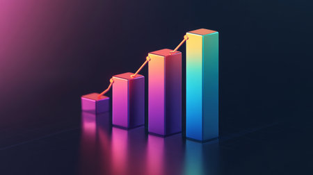 A D bar chart with rising, metallic bars in gradient shades, symbolizing growth and performance in a sleek, futuristic environmentの素材