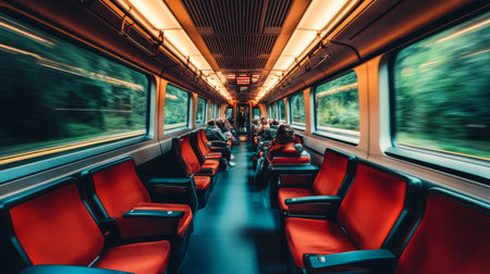 An interior shot of a high-speed train cabin, featuring comfortable seating, large windows, and passengers enjoying the smooth ride, highlighting a luxurious travel experience.の素材