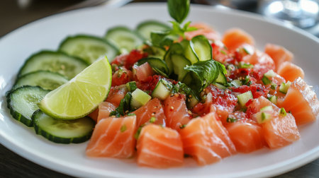 A beautifully arranged plate of  served with a fresh cucumber salad and a wedge of lime, emphasizing the freshness and balance of flavors in this popular dish.の素材