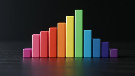 A D-rendered bar graph with rising colorful bars, symbolizing growth in market trends, with a dark and minimalistic background for contrastの素材