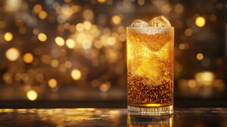 A chilled beer glass with ice, condensation forming on the outside, placed on a countertop with a warm, inviting background and soft lighting highlighting the textureの素材