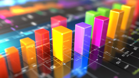 A D bar graph with bright, glossy bars in multiple colors, representing financial data with an abstract tech backgroundの素材