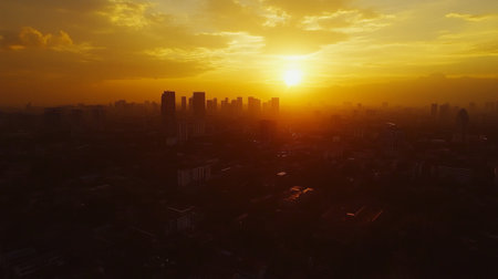 An aerial shot of the Bangna Kauda area during sunset, showcasing the stunning skyline, vibrant colors, and the hustle and bustle of the city coming alive in the evening.の素材