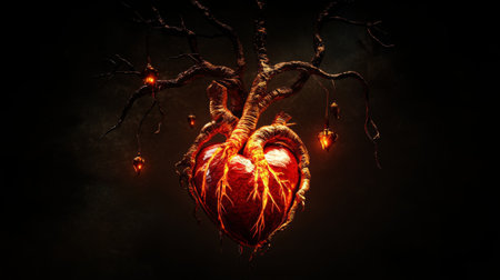 A D rendering of the human heart with arteries and veins connected to it, illuminated for detailed anatomical study and analysisの素材