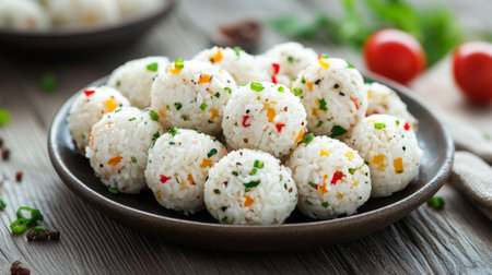 A beautifully presented plate of rice balls with colorful fillings, set against a rustic wooden background, with soft lighting bringing out the texturesの素材
