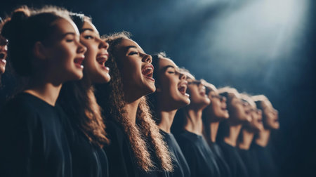 A choir performing on stage with their voices harmonizing beautifully, captured from the side, showing a wide range of singers in motion with soft lightingの素材
