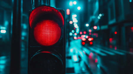 A close-up of a traffic light showing the red signal, illuminated against a dark city background with glowing street lights creating a dramatic urban settingの素材