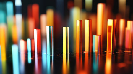 A clean, modern D bar graph with light reflections and sharp edges, showing market fluctuations in vivid colors with a sleek designの素材