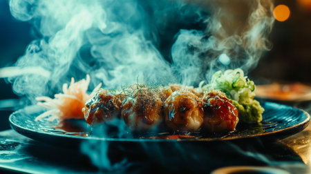 A close-up of a steaming plate of takoyaki served with pickled ginger and wasabi on the side, inviting diners to indulge in this savory treat.の素材