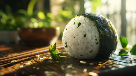 A close-up of a traditional Japanese rice ball, wrapped in a sheet of nori seaweed, resting on a wooden surface with natural light highlighting its textureの素材