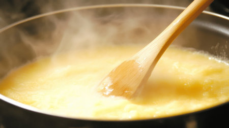 A close-up of a wooden spoon stirring a simmering pot on the stove, with steam rising from the dish, illuminated by soft kitchen lightの素材