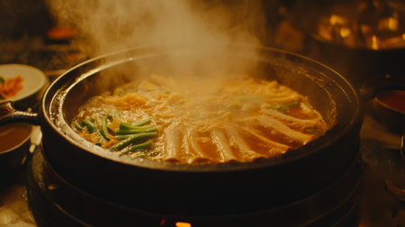 A close-up of a hot pot filled with boiling broth and fresh vegetables, with thin slices of pork ready to be dipped in, surrounded by sauces and condimentsの素材