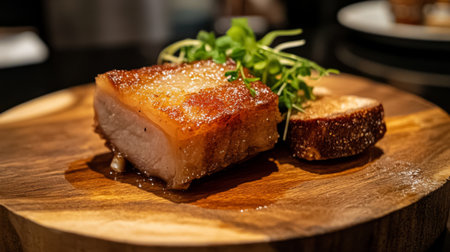 A close-up of perfectly crispy pork belly, showcasing its golden-brown crackling skin and succulent meat, served on a rustic wooden plate.の素材