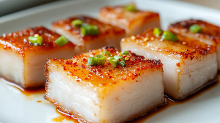 A close-up of crispy pork belly served with a drizzle of fish sauce, the golden edges contrasting against the white plate, with soft, diffused lighting from the sideの素材