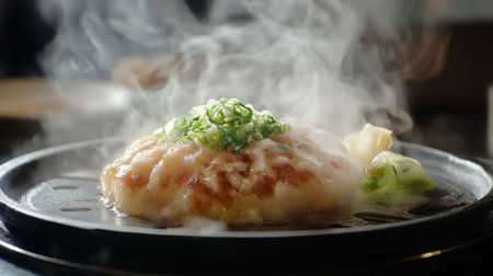 A close-up of a steaming plate of takoyaki served with pickled ginger and wasabi on the side, inviting diners to indulge in this savory treat.の素材