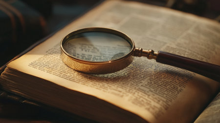A close-up of a magnifying glass placed on an open book, with the lens focused on a small piece of text, creating a sharp contrast between light and shadowの素材