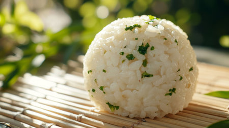 A close-up shot of a Japanese rice ball filled with seasoned ingredients, resting on a bamboo mat, with soft sunlight highlighting the details of the dishの素材