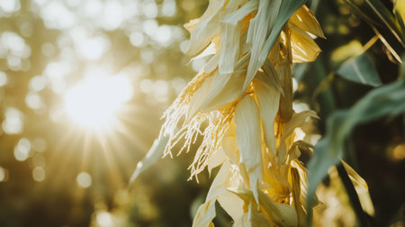 A close-up of corn husks partially peeled on the stalk, with sunlight shining through the green leaves and a clear sky above, symbolizing the ripening harvest seasonの素材