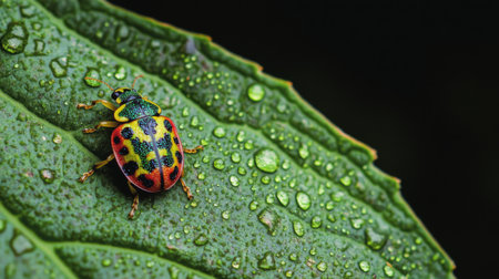 A close-up of a vibrant green leaf adorned with dew droplets, showcasing a colorful ladybug perched delicately, highlighting the beauty of nature's small creatures.の素材