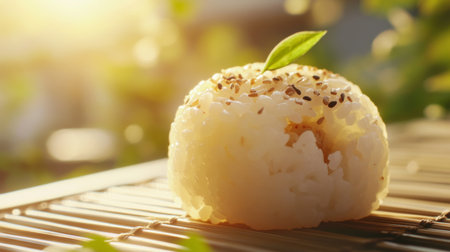 A close-up shot of a Japanese rice ball filled with seasoned ingredients, resting on a bamboo mat, with soft sunlight highlighting the details of the dishの素材