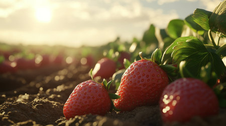 A close-up of fresh, juicy strawberries resting on the vine in a strawberry field, with a slight bokeh effect from the background for a soft and refreshing lookの素材