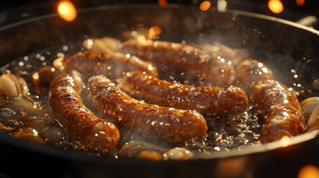 A close-up of sausages sizzling in a frying pan, with the edges crispy and golden, surrounded by onions and garlic, captured with a cozy, inviting ambianceの素材