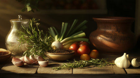 A close-up of fresh ingredients such as vegetables, herbs, and spices on a wooden countertop, ready to be used in cooking, with soft lighting highlighting the colorsの素材