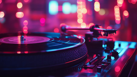 A close-up of vintage vinyl records being played on a classic turntable, with soft ambient lighting creating a nostalgic atmosphere for music enthusiasts.の素材