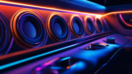 A D-rendered car audio system with multiple speaker units built into a sleek, modern car interior, illuminated by soft ambient lightingの素材