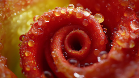 A macro shot capturing the spiral center of a red rose, with water droplets glistening on the tightly curled petals, symbolizing passion and beauty.の素材
