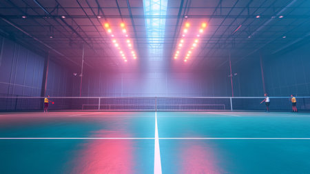 A badminton court with bright lights shining down, players warming up in the background, creating an energetic atmosphere before a match.の素材