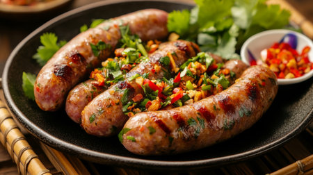 A high-resolution photo of  with a sprinkle of fresh herbs and a side of Thai-style sausage, arranged artfully on a plate with a colorful garnish.の素材