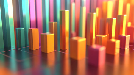 A clean, modern D bar graph with light reflections and sharp edges, showing market fluctuations in vivid colors with a sleek designの素材