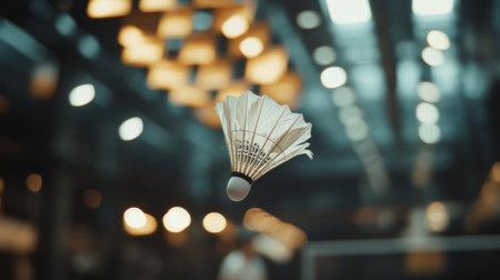 A close-up of a badminton shuttlecock soaring through the air during a match, with a blurred background of players in action on the court.の素材
