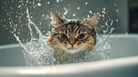 A cat mid-shake in the bath, water droplets flying everywhere as it tries to shake off the water, creating a humorous splash effect.の素材